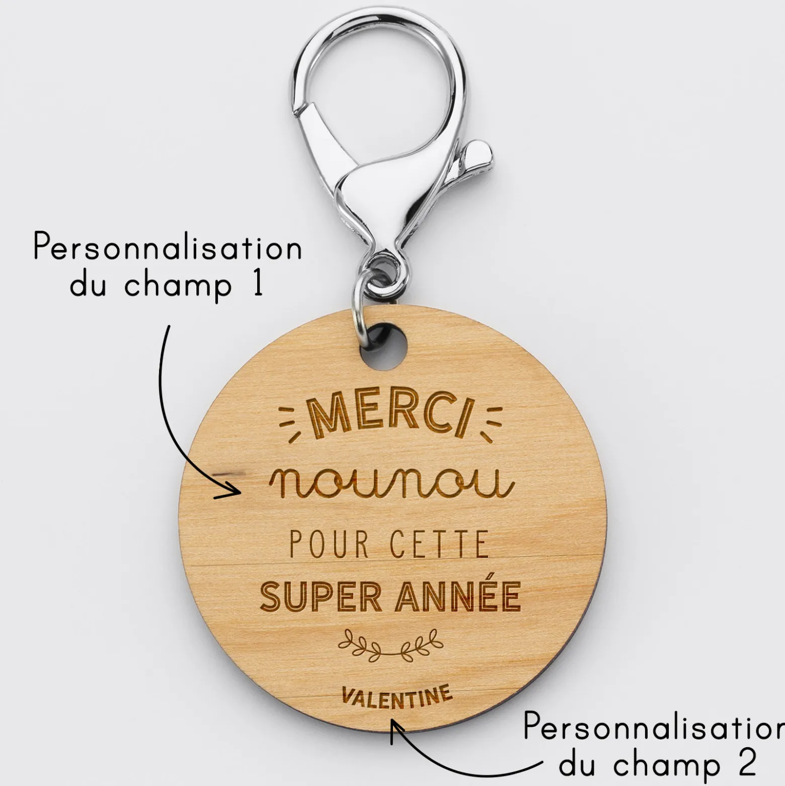 Porte clé personnalisé gravée bois médaille ronde 50 mm "Merci Maîtresse" - Nos petits imparfaits