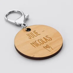 Porte clé personnalisé gravée bois médaille ronde 50 mm