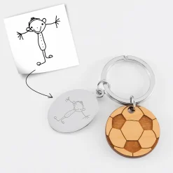Porte clé personnalisé médaille gravée ovale acier et breloque bois foot