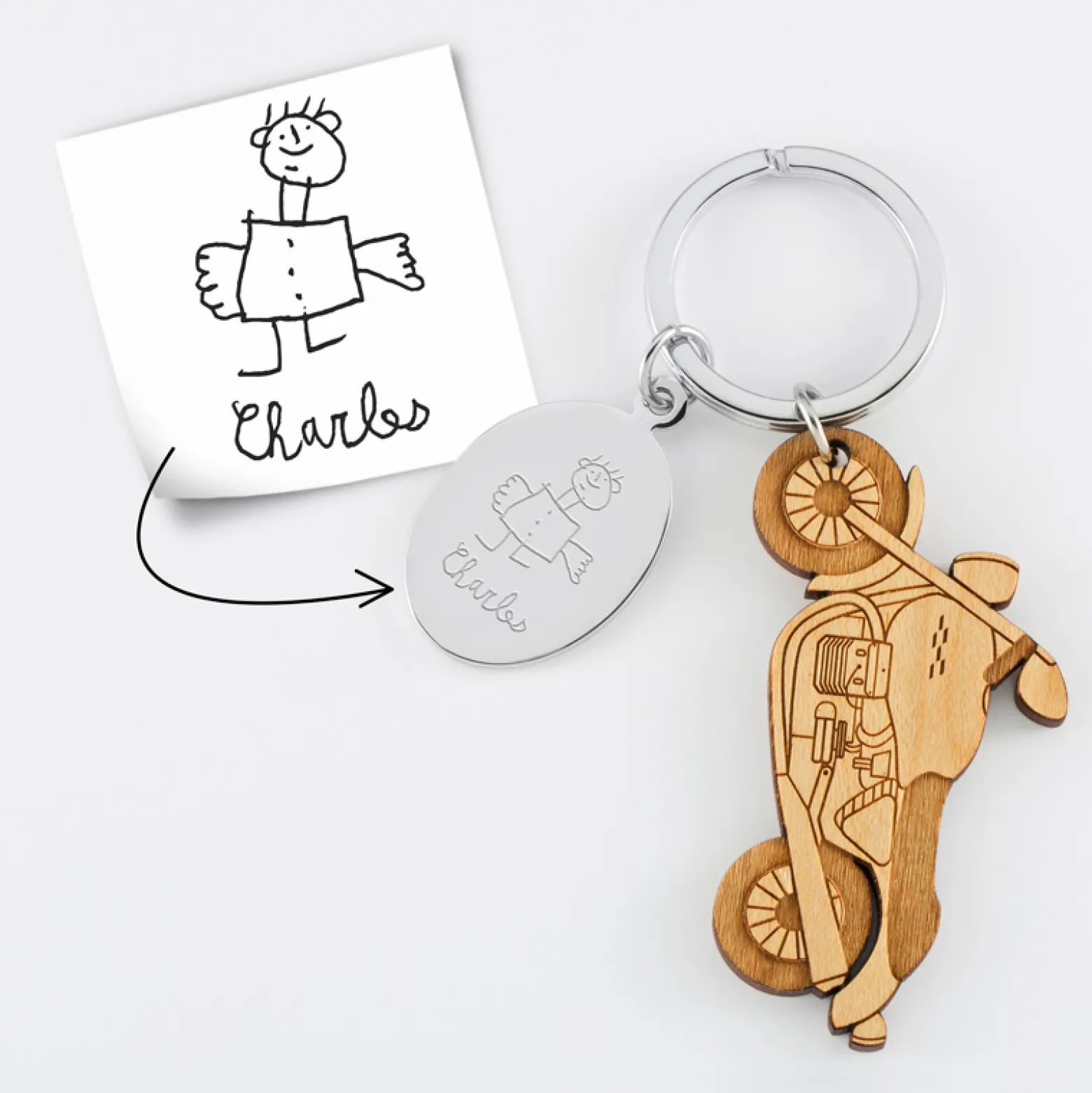 Porte clé personnalisé médaille gravée ovale acier et breloque bois moto