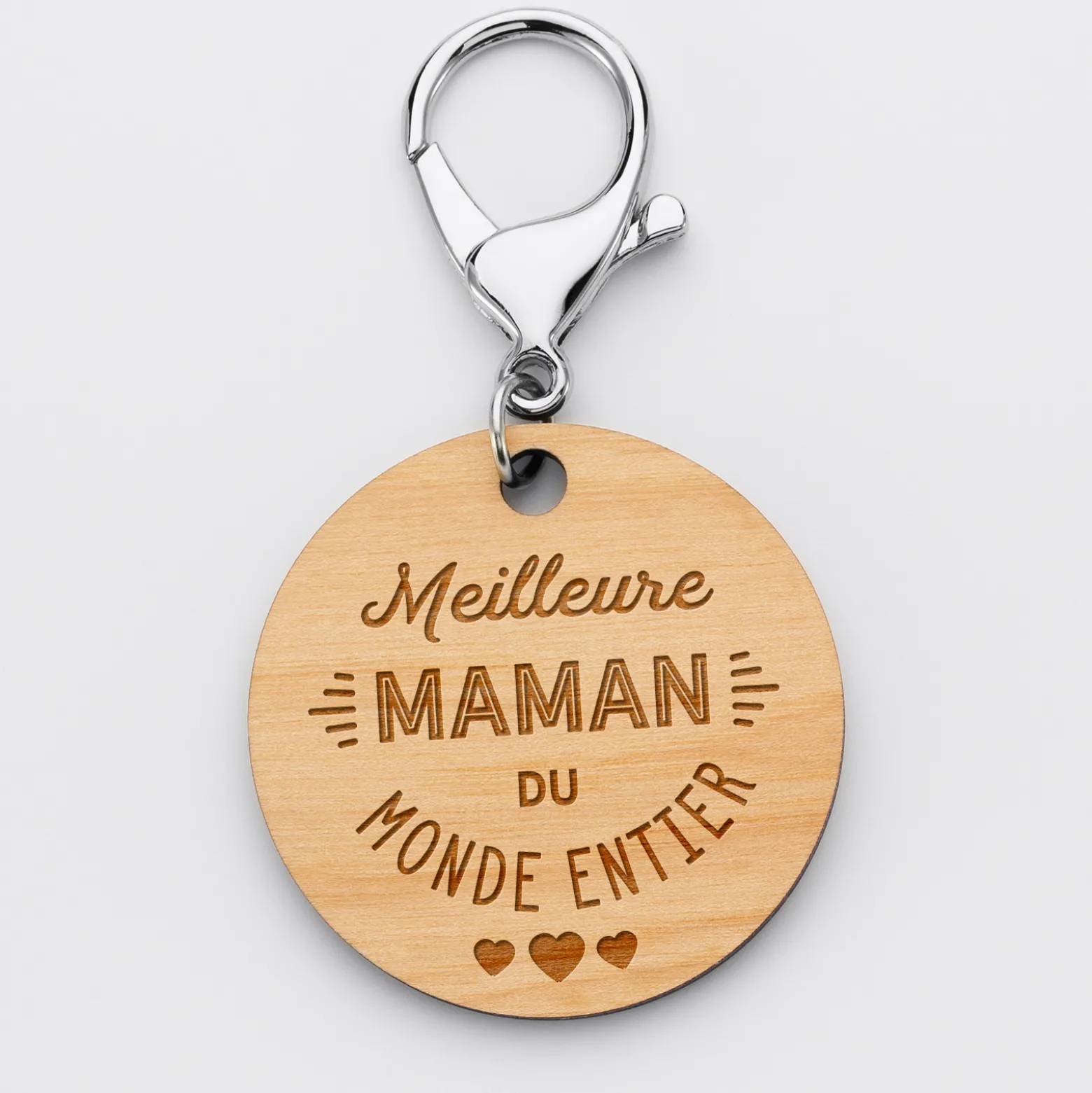 Porte-clés gravé bois médaille ronde 50 mm - Edition spéciale "Meilleure Maman du Monde"