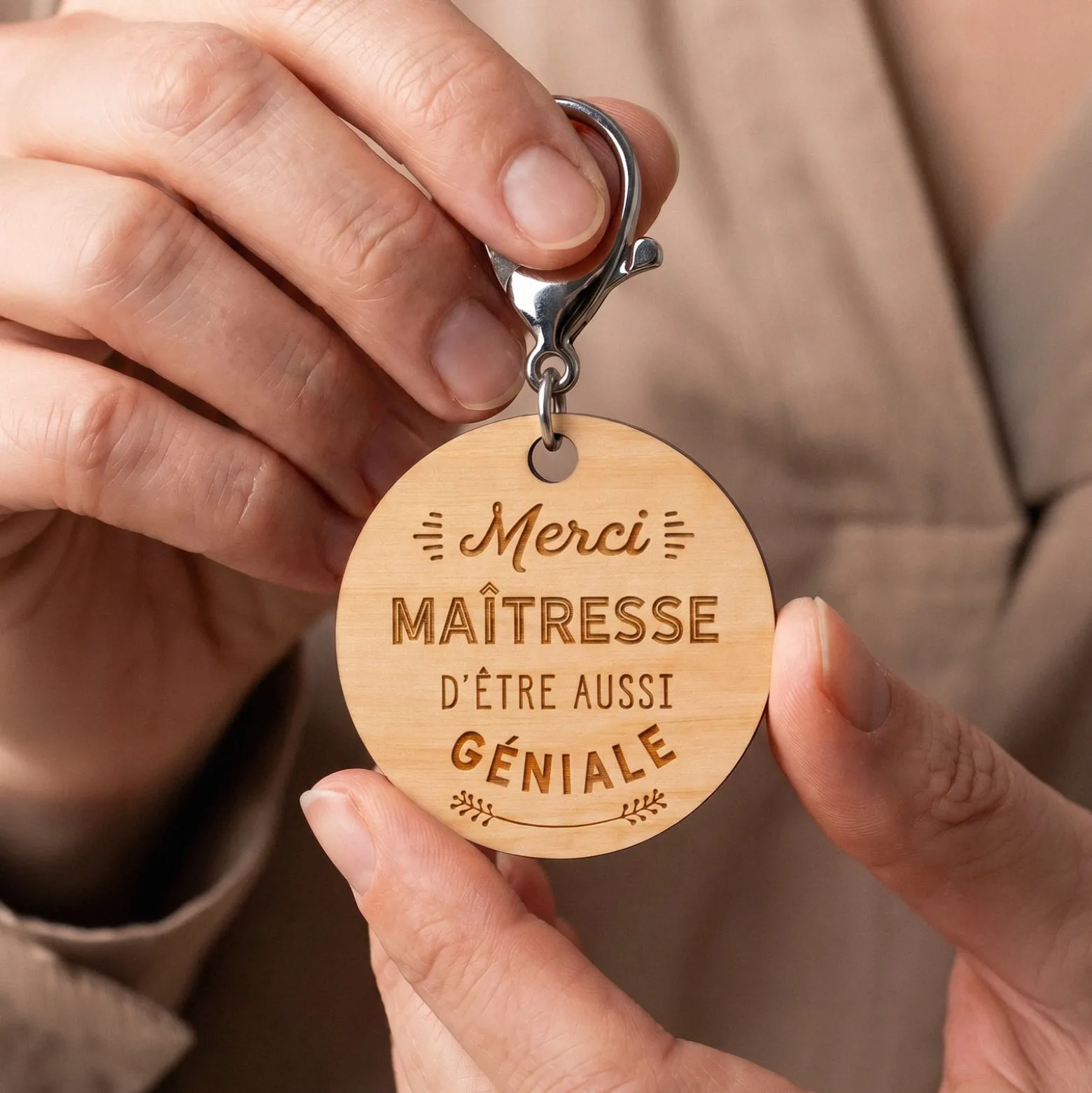 Porte-clés gravé bois médaille ronde 50 mm - Edition spéciale "Merci Maîtresse"