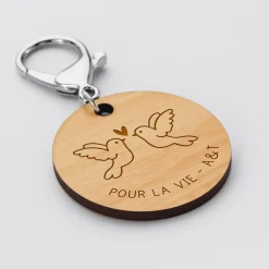 Porte-clés Mariée personnalisé gravé bois médaille ronde 50 mm