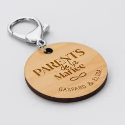 Porte-clés Mariée personnalisé gravé bois médaille ronde 50 mm