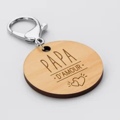 Porte-clés papa gravé bois médaille ronde 50 mm