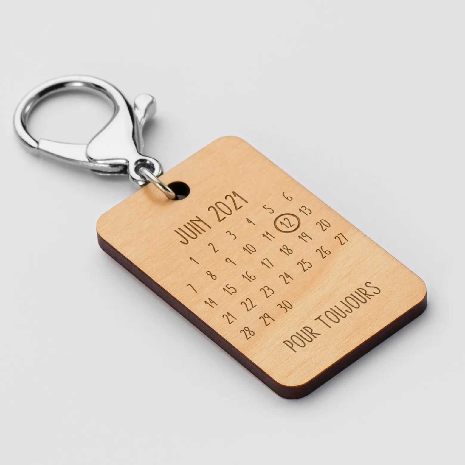Porte-clés personnalisé calendrier médaille gravée bois