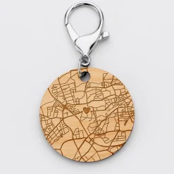 Porte-clés personnalisé gravé bois médaille ronde 50 mm "Géo map"