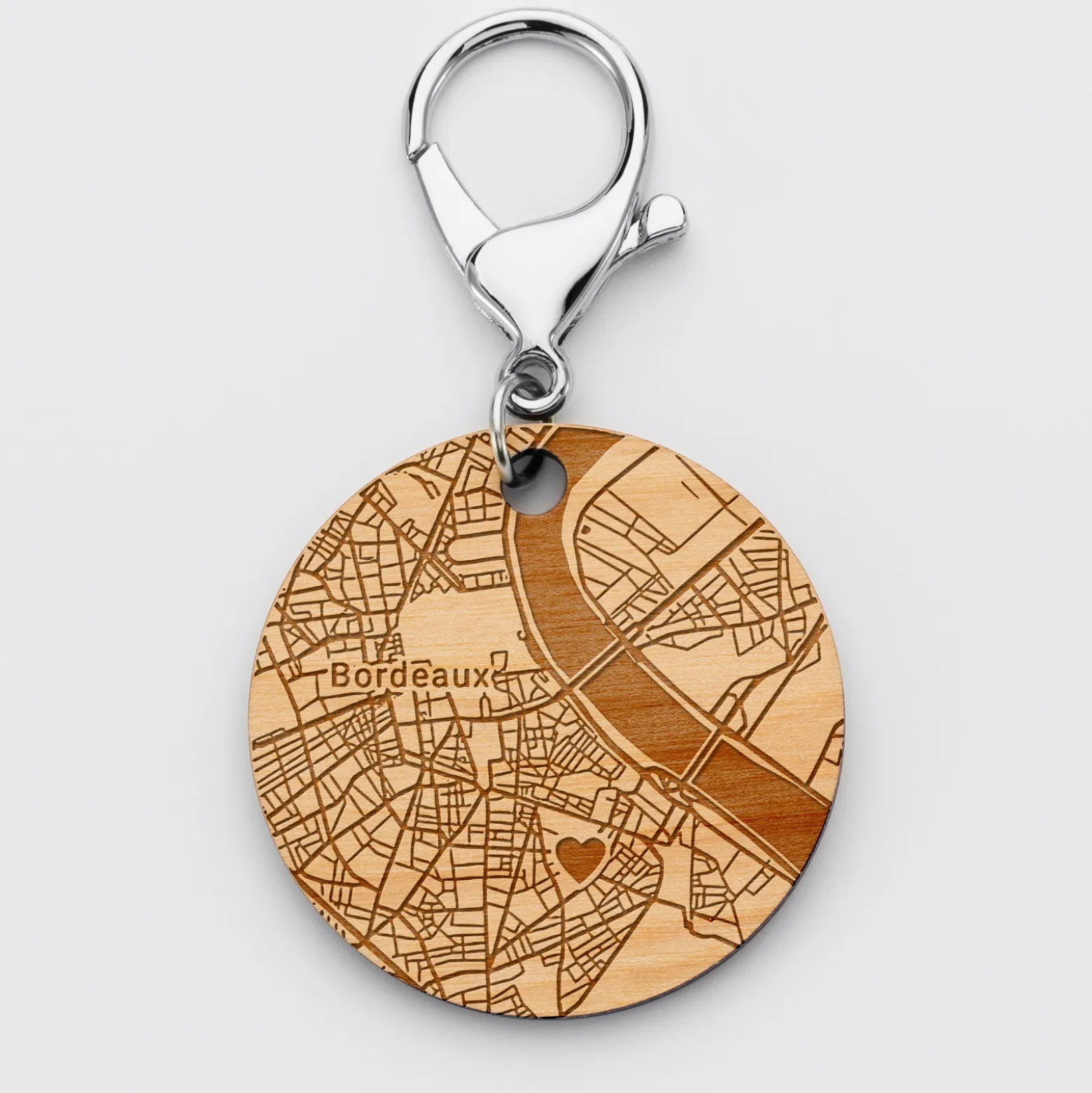 Porte-clés personnalisé gravé bois médaille ronde 50 mm "Géo map"