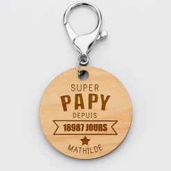 Porte-clés personnalisé gravé bois médaille ronde 50 mm - "Super papy depuis"