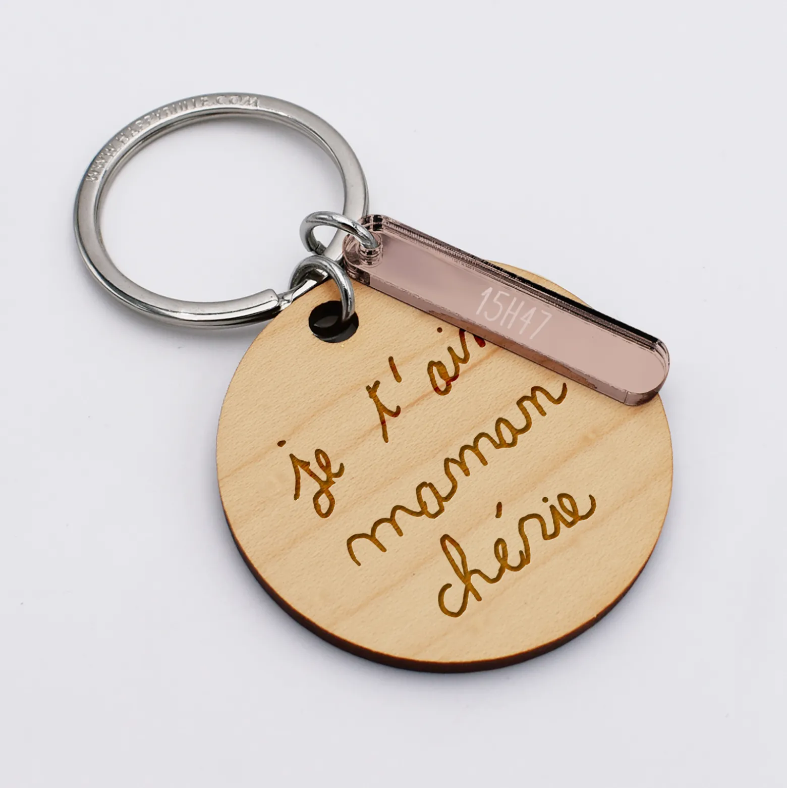 Porte-clés personnalisé gravé bois médaille ronde 50 mm et breloque acrylique miroir 40x8 mm