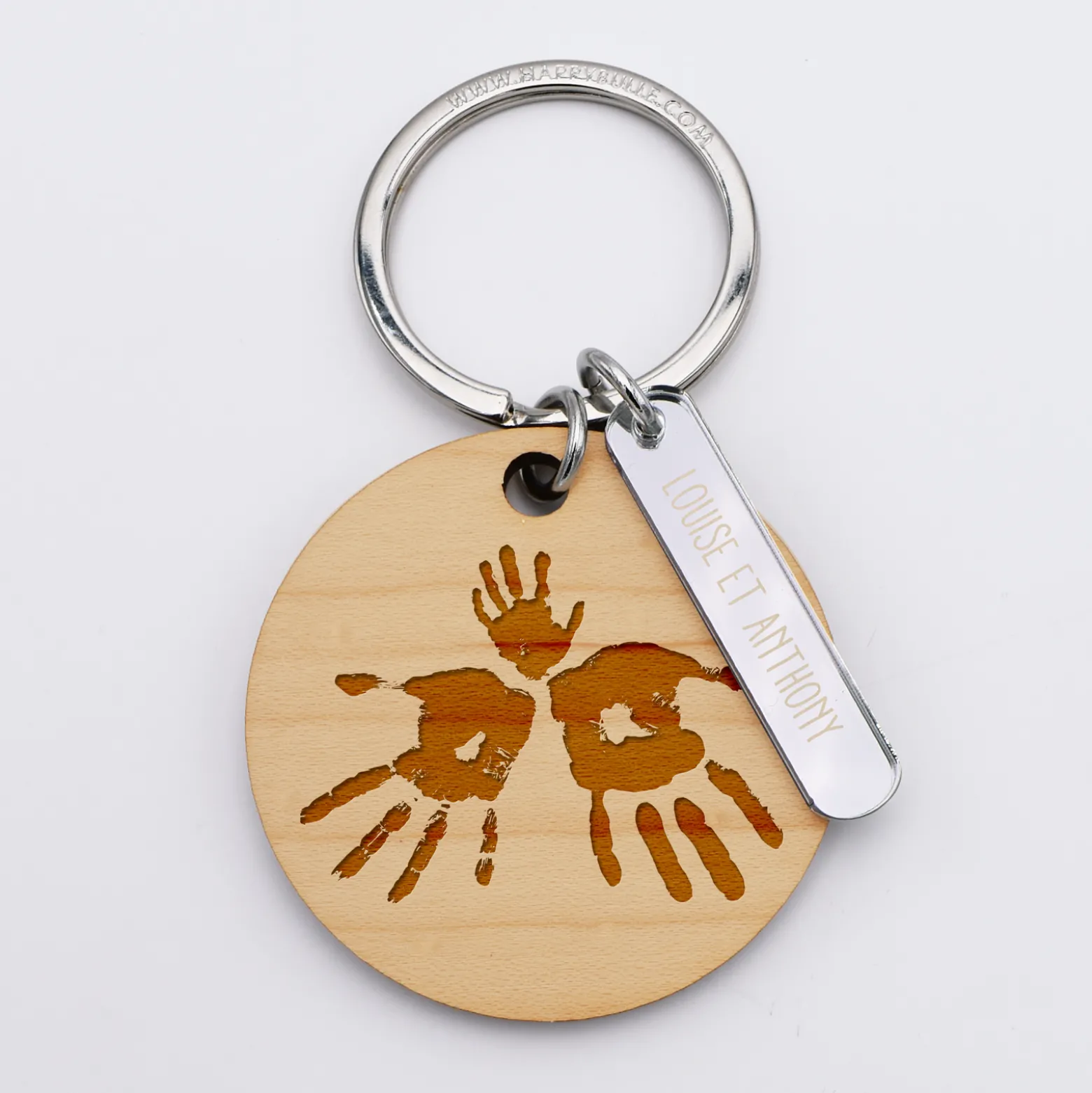Porte-clés personnalisé gravé bois médaille ronde 50 mm et breloque acrylique miroir 40x8 mm