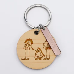 Porte-clés personnalisé gravé bois médaille ronde 50 mm et breloque acrylique miroir 40x8 mm