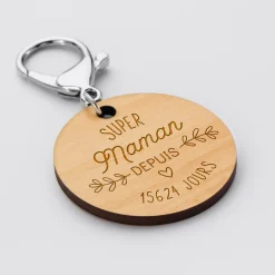Porte-clés personnalisé gravé bois médaille ronde 50 mm -