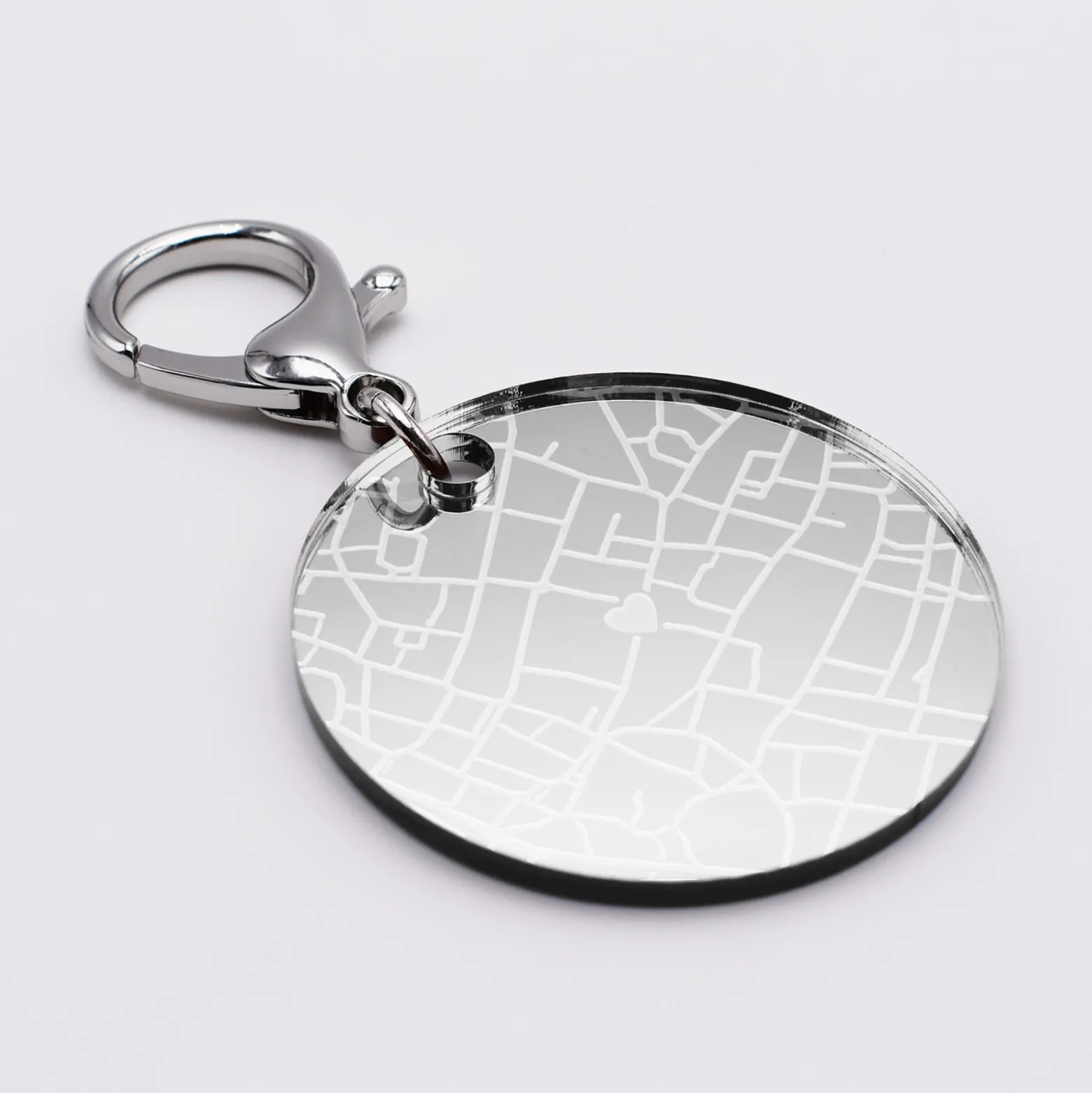 Porte-clés personnalisé gravé acrylique miroir argent médaille ronde 50 mm "Geo map"