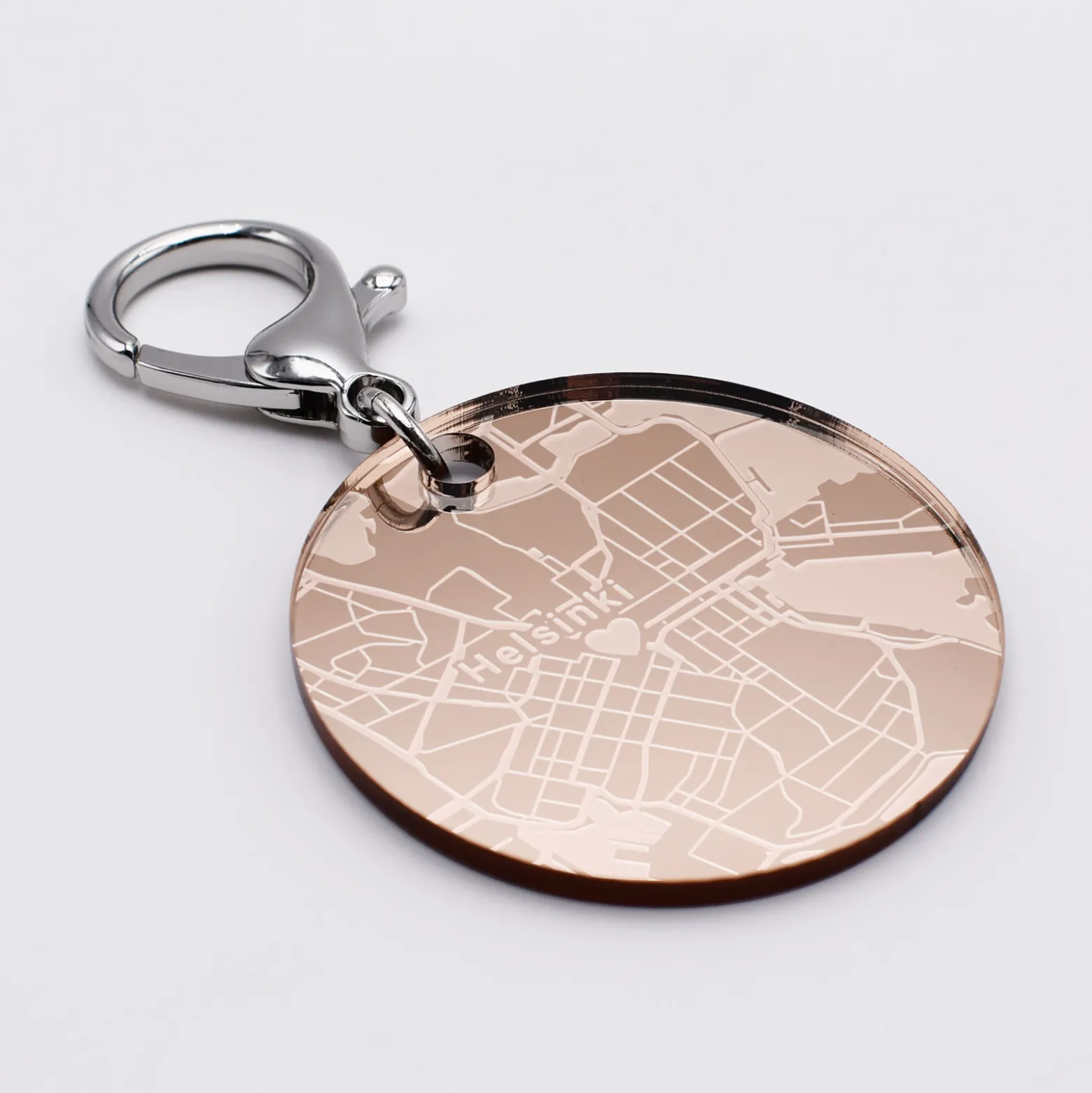 Porte-clés personnalisé gravé acrylique miroir rose gold médaille ronde 50 mm "Géo map"