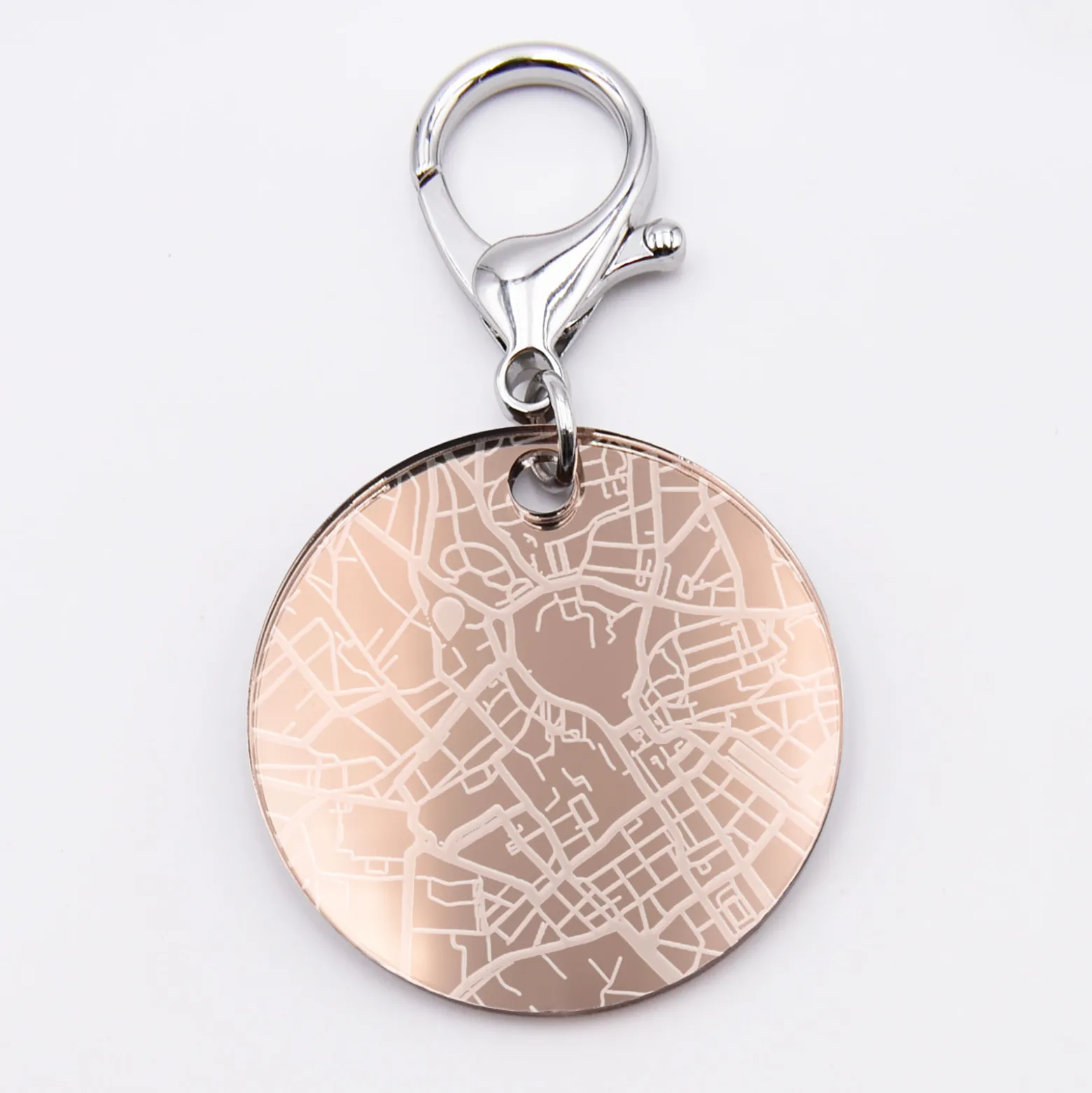 Porte-clés personnalisé gravé acrylique miroir rose gold médaille ronde 50 mm "Géo map"