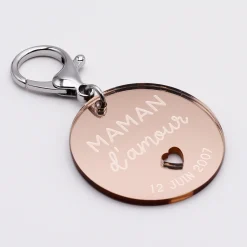 Porte-clés personnalisé gravé acrylique miroir rose gold médaille ronde 50 mm - Maman d'amour