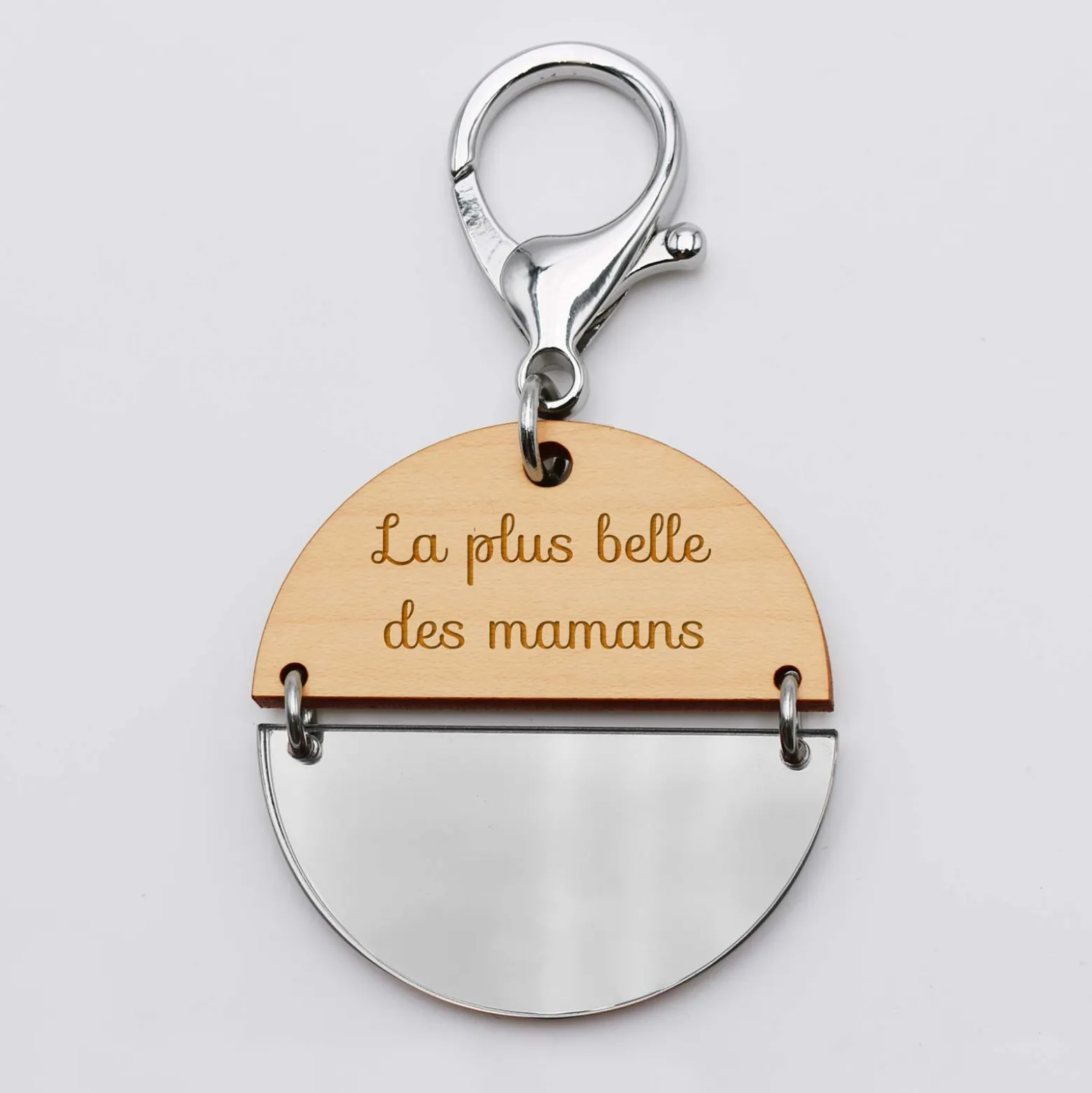 Porte-clés personnalisé gravé bi-matière bois et acrylique miroir 50 mm
