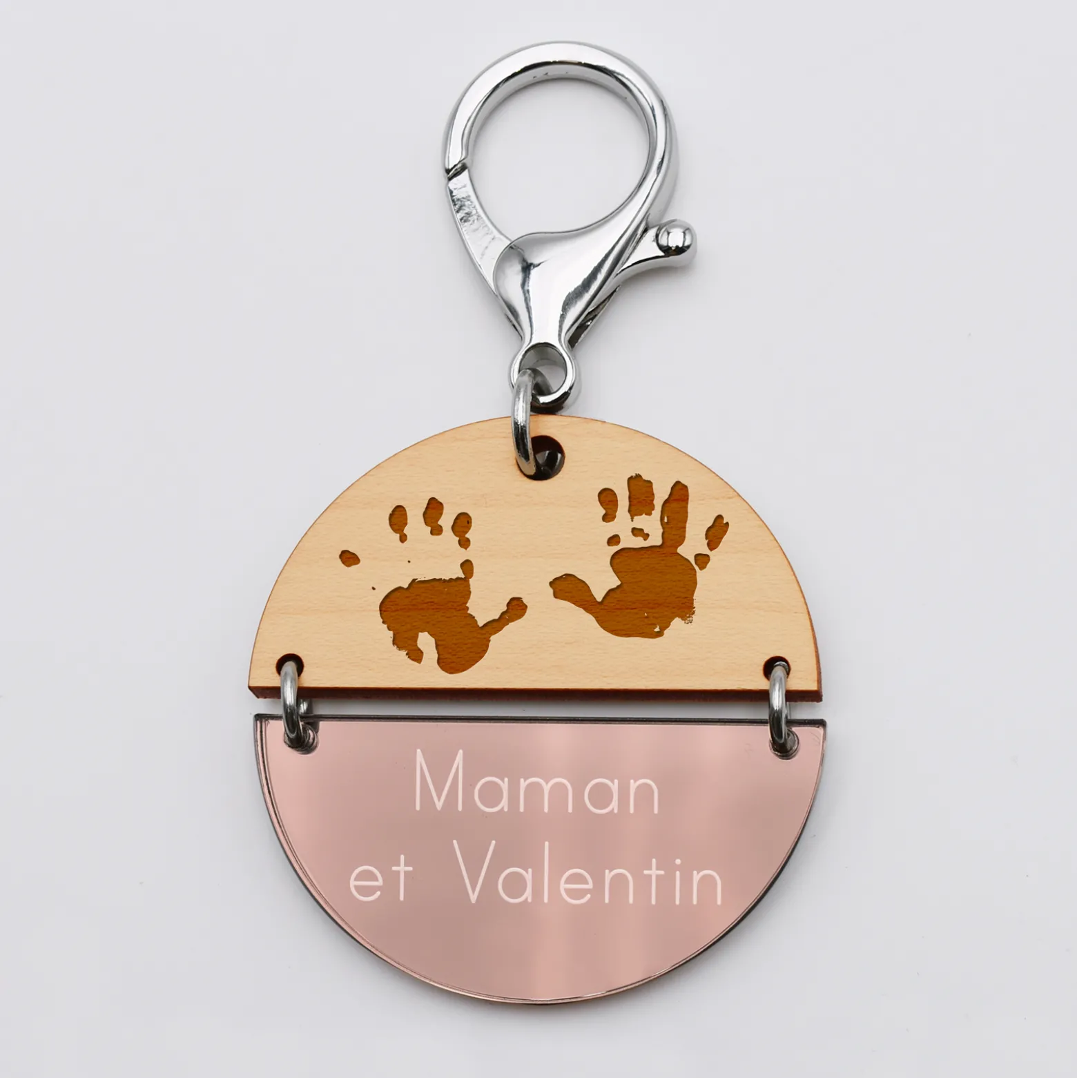 Porte-clés personnalisé gravé bi-matière bois et acrylique miroir 50 mm