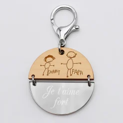 Porte-clés personnalisé gravé bi-matière bois et acrylique miroir 50 mm