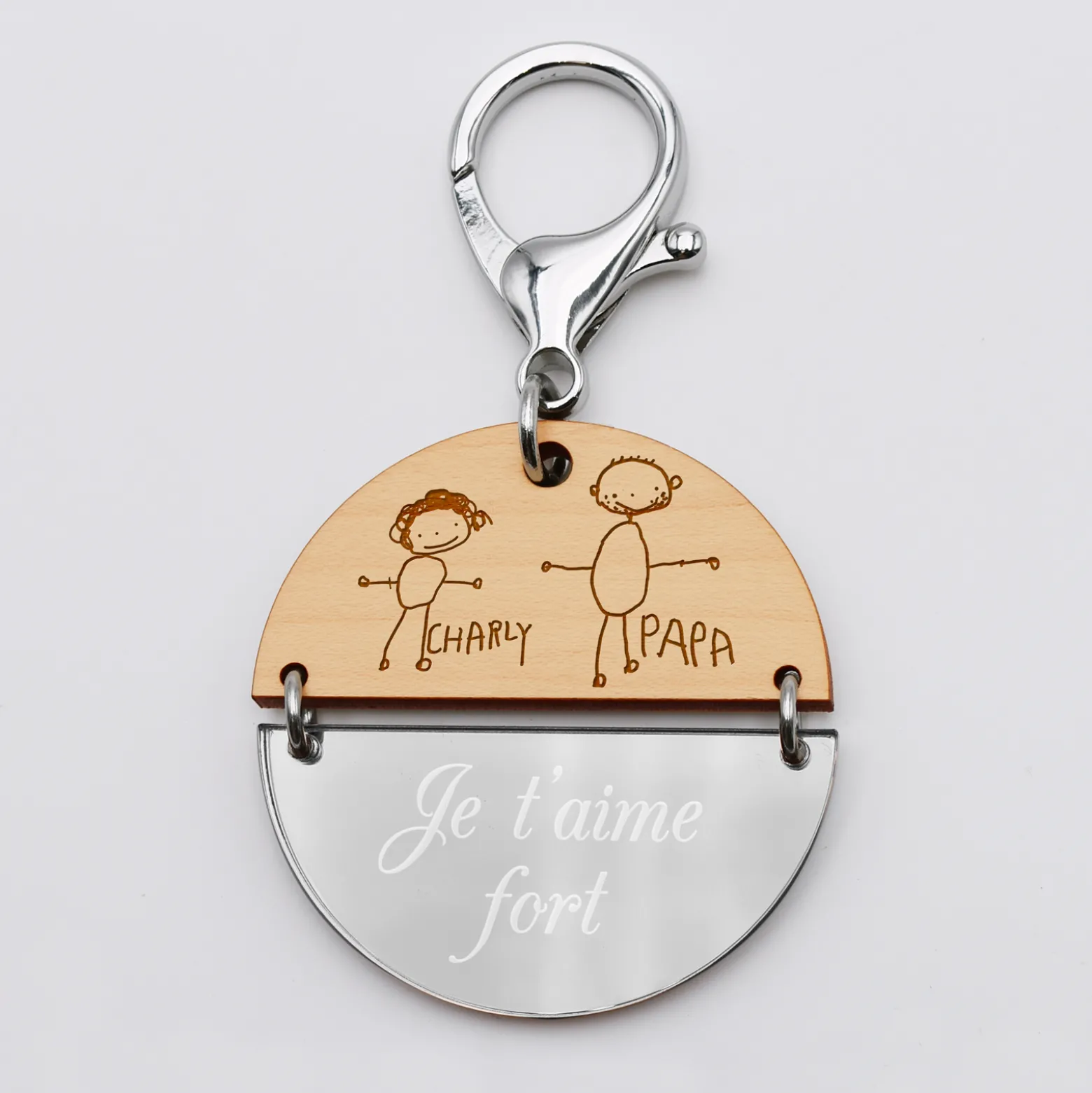 Porte-clés personnalisé gravé bi-matière bois et acrylique miroir 50 mm