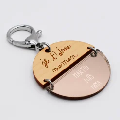 Porte-clés personnalisé gravé bi-matière bois et acrylique miroir 50 mm