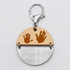 Porte-clés personnalisé gravé bi-matière bois et acrylique miroir 50 mm