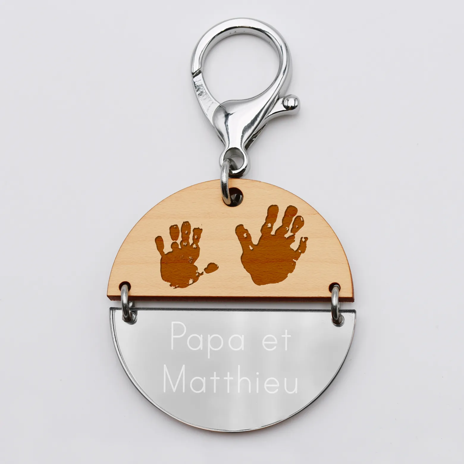 Porte-clés personnalisé gravé bi-matière bois et acrylique miroir 50 mm