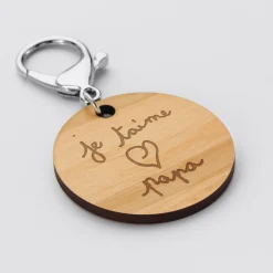 Porte-clés personnalisé gravé bois médaille ronde 50 mm - Nos petits imparfaits