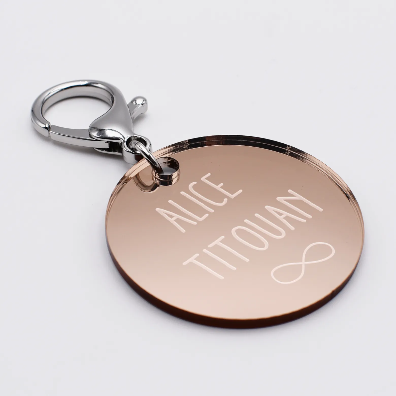 Porte-clés personnalisé gravé acrylique miroir rose gold médaille ronde 50 mm