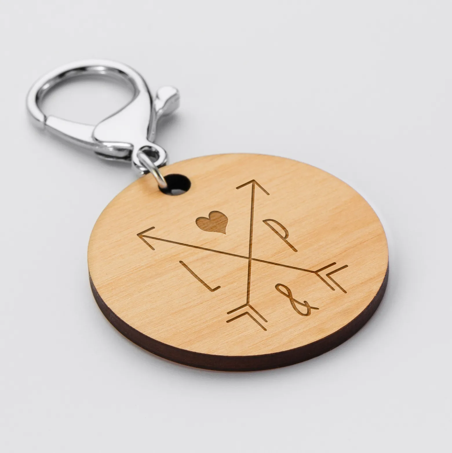 Porte-clés personnalisé initiales médaille gravée bois ronde 50 mm "pour les amoureux"