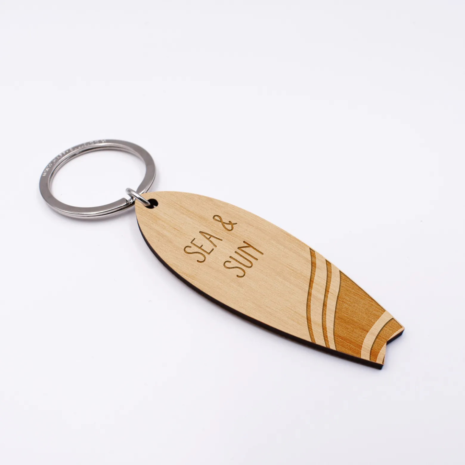 Porte-clés personnalisé médaille gravée bois Planche de Surf