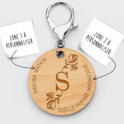 Porte-clés personnalisé médaille gravée bois ronde 50mm Initiale Florale