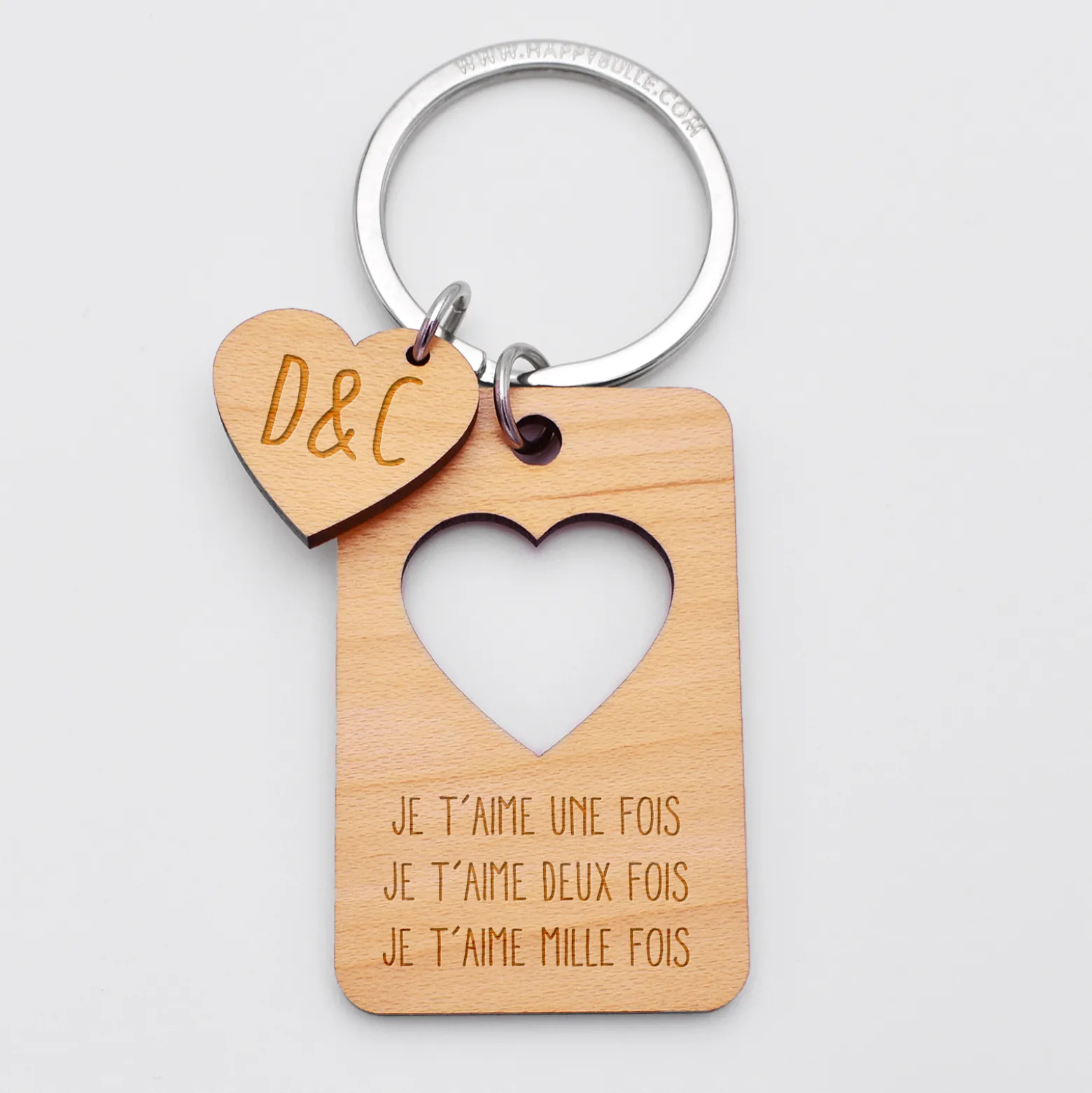 Porte-clés personnalisé médaille gravée bois rectangle 55x35 mm "coeur double"