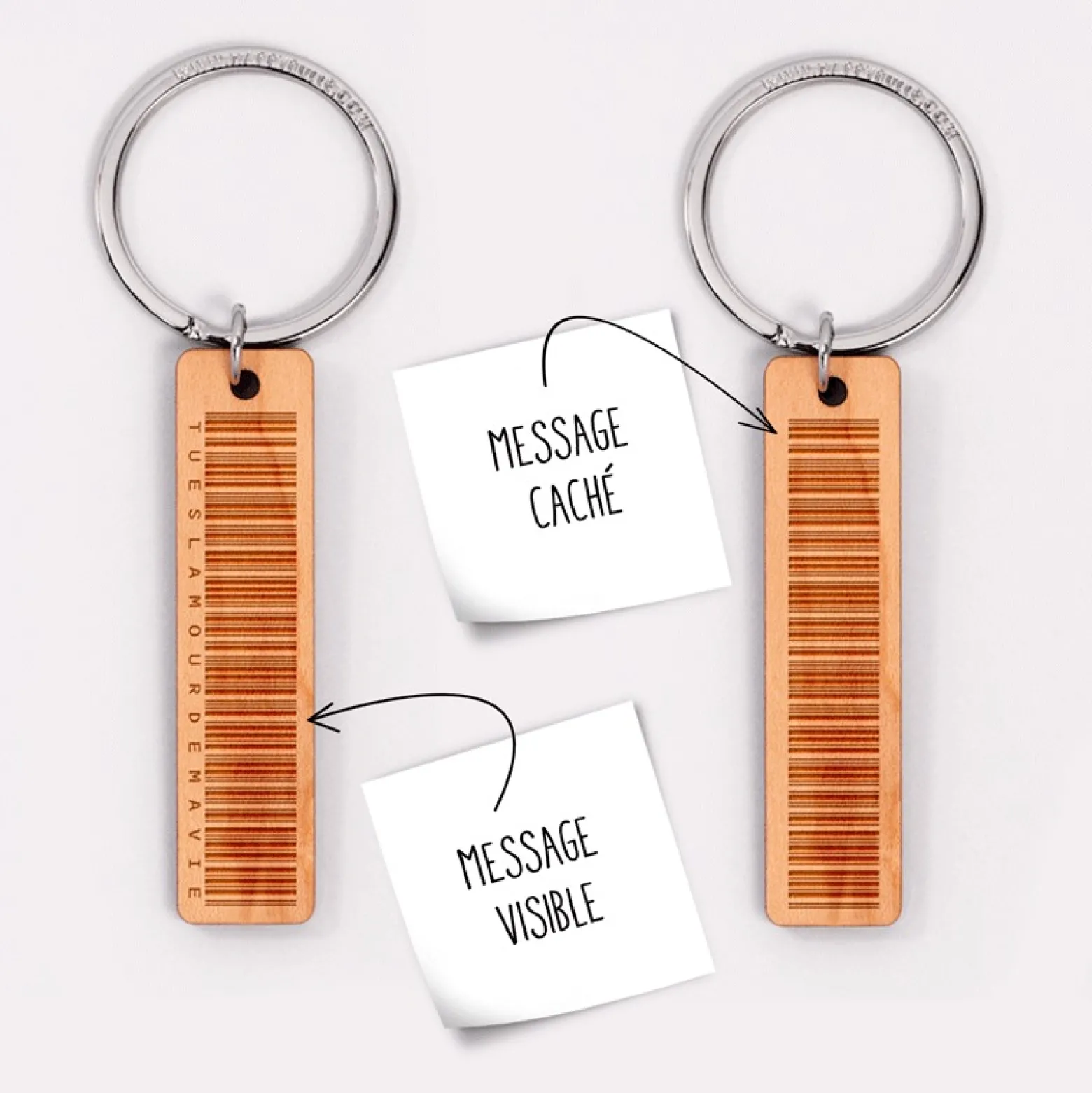 Porte-clés personnalisé "message codé" médaille gravée bois plaque 16x66 mm