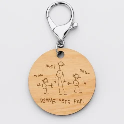 Porte-clés personnalisé prénoms médaille gravée bois ronde 50 mm 
