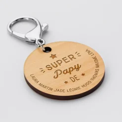 Porte-clés personnalisé prénoms médaille gravée bois ronde 50 mm "Super Papy"