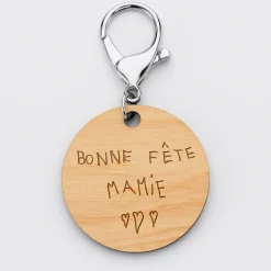 Porte-clés personnalisé prénoms médaille gravée bois ronde 50 mm 