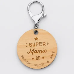 Porte-clés personnalisé prénoms médaille gravée bois ronde 50 mm "Super Mamie"