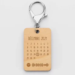 Porte-clés Spotify personnalisé calendrier médaille rectangle gravée bois 55x35 mm