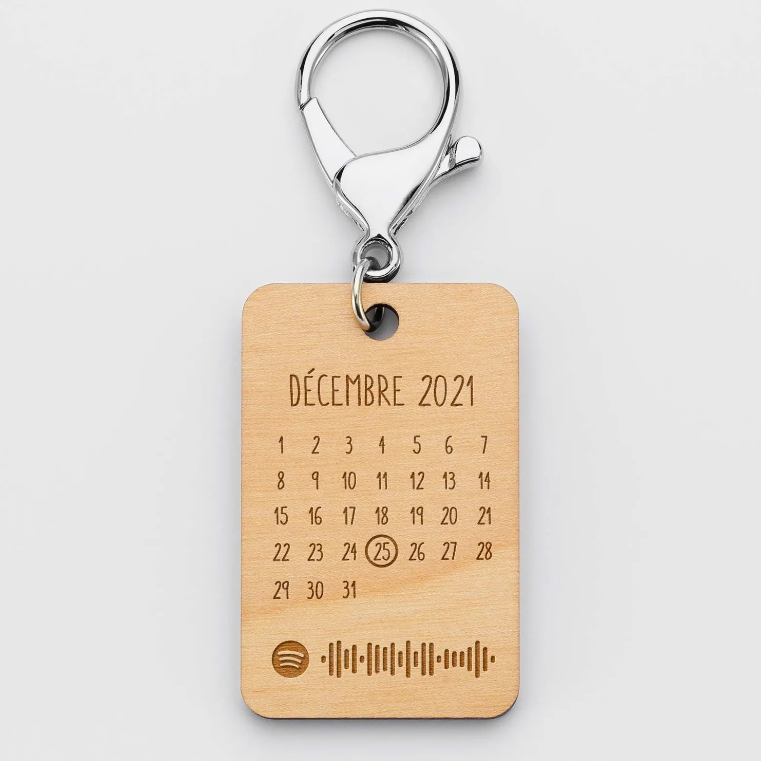 Porte-clés Spotify personnalisé calendrier médaille rectangle gravée bois 55x35 mm