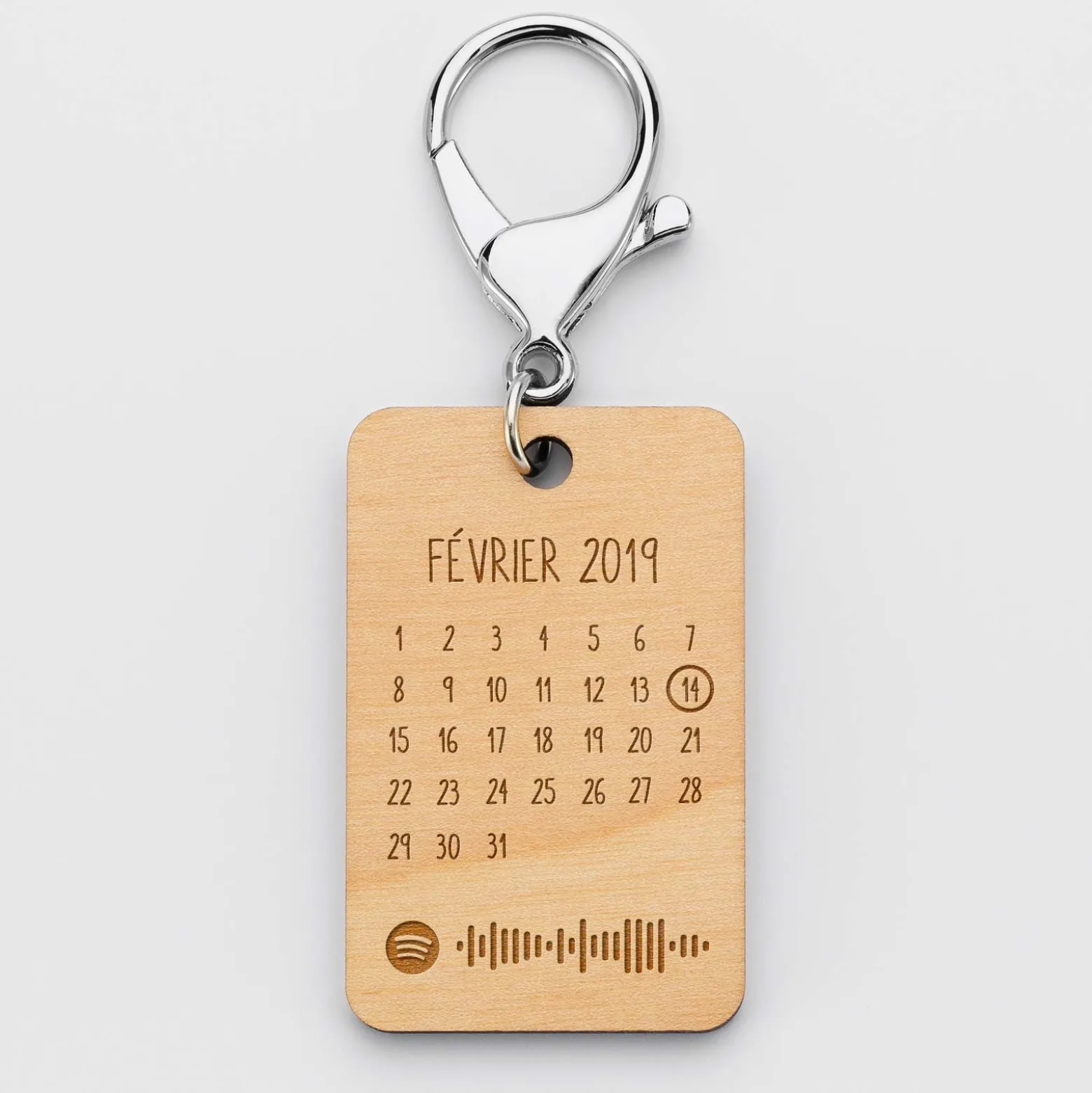 Porte-clés Spotify personnalisé calendrier médaille rectangle gravée bois 55x35 mm
