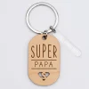 Porte-clés "Super papa" personnalisé gravé bois médaille ovale 55x35 mm et breloque acrylique 40x8 mm