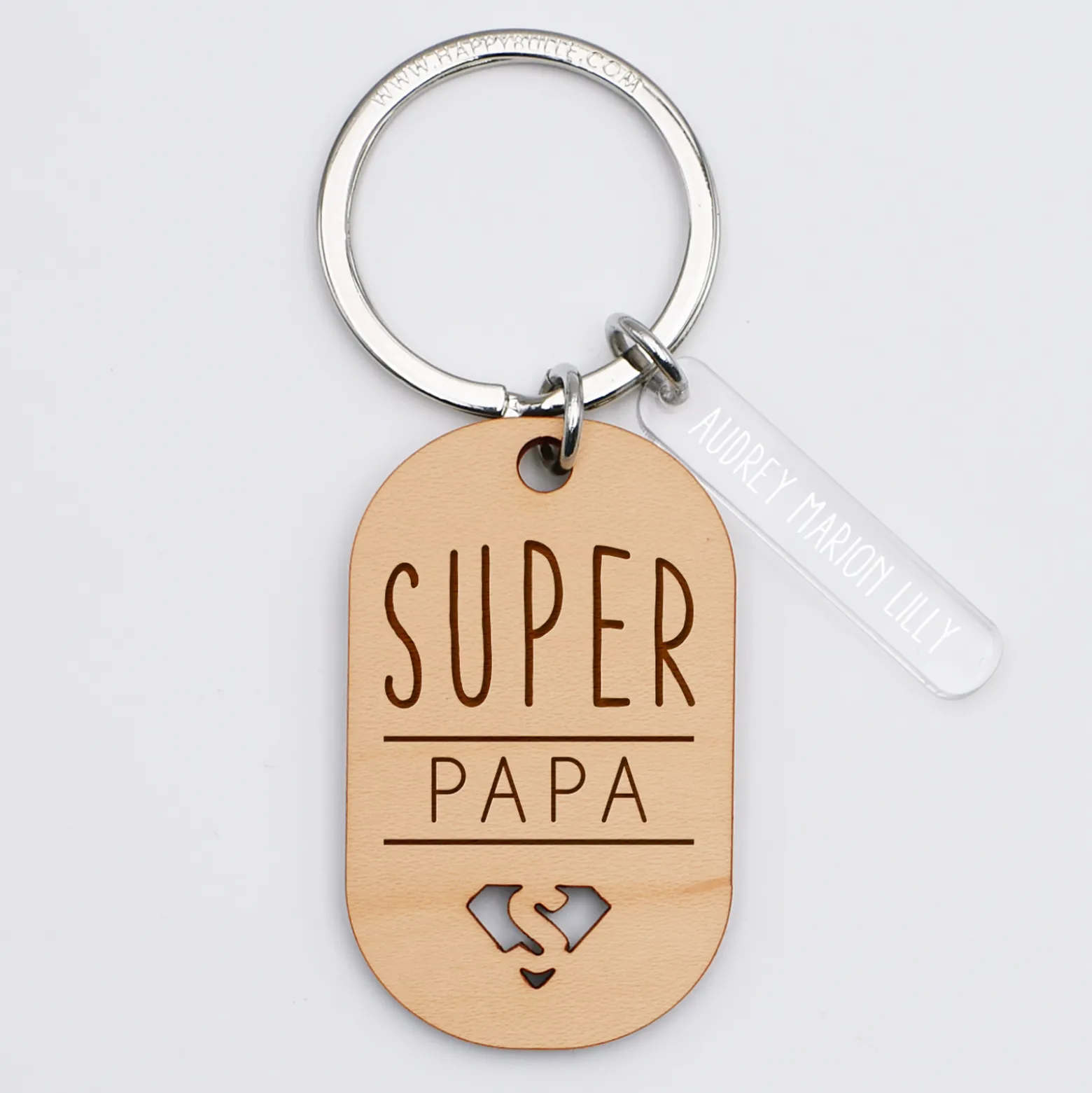 Porte-clés "Super papa" personnalisé gravé bois médaille ovale 55x35 mm et breloque acrylique 40x8 mm