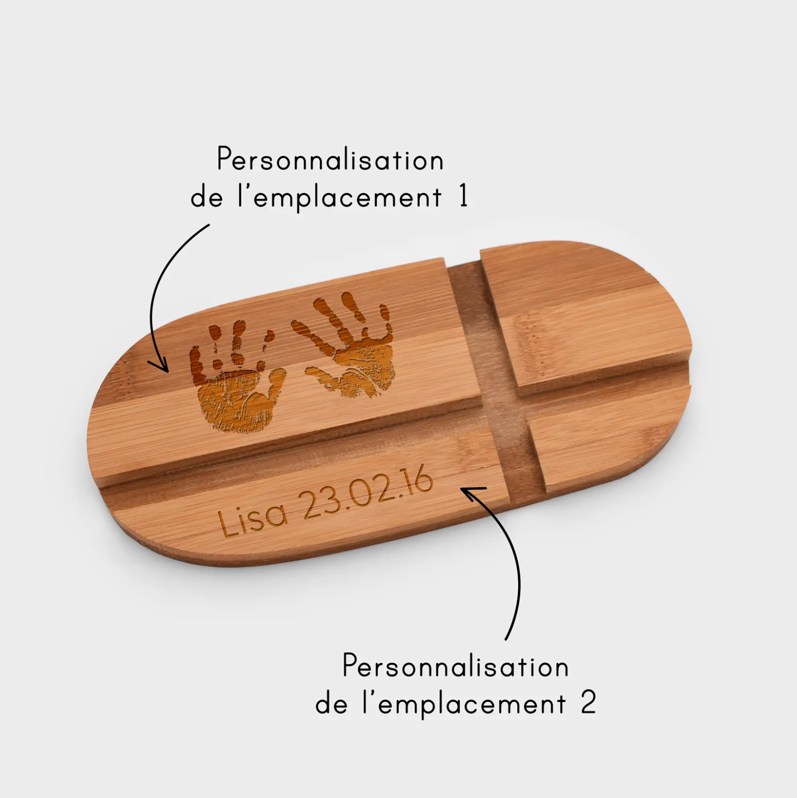 Support téléphone et tablette personnalisé bois gravé double fente