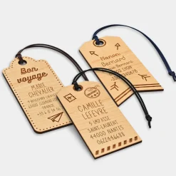 Étiquette à bagage personnalisée bois gravé "Découverte", "Aventure", "Bon voyage"