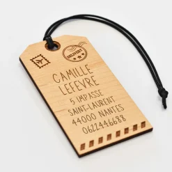 Étiquette à bagage personnalisée bois gravé 