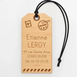 Étiquette à bagage personnalisée bois gravé 