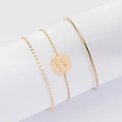 Trio bracelets personnalisés Jonc, Pastille et Chaine médaille gravée plaqué or 15 mm