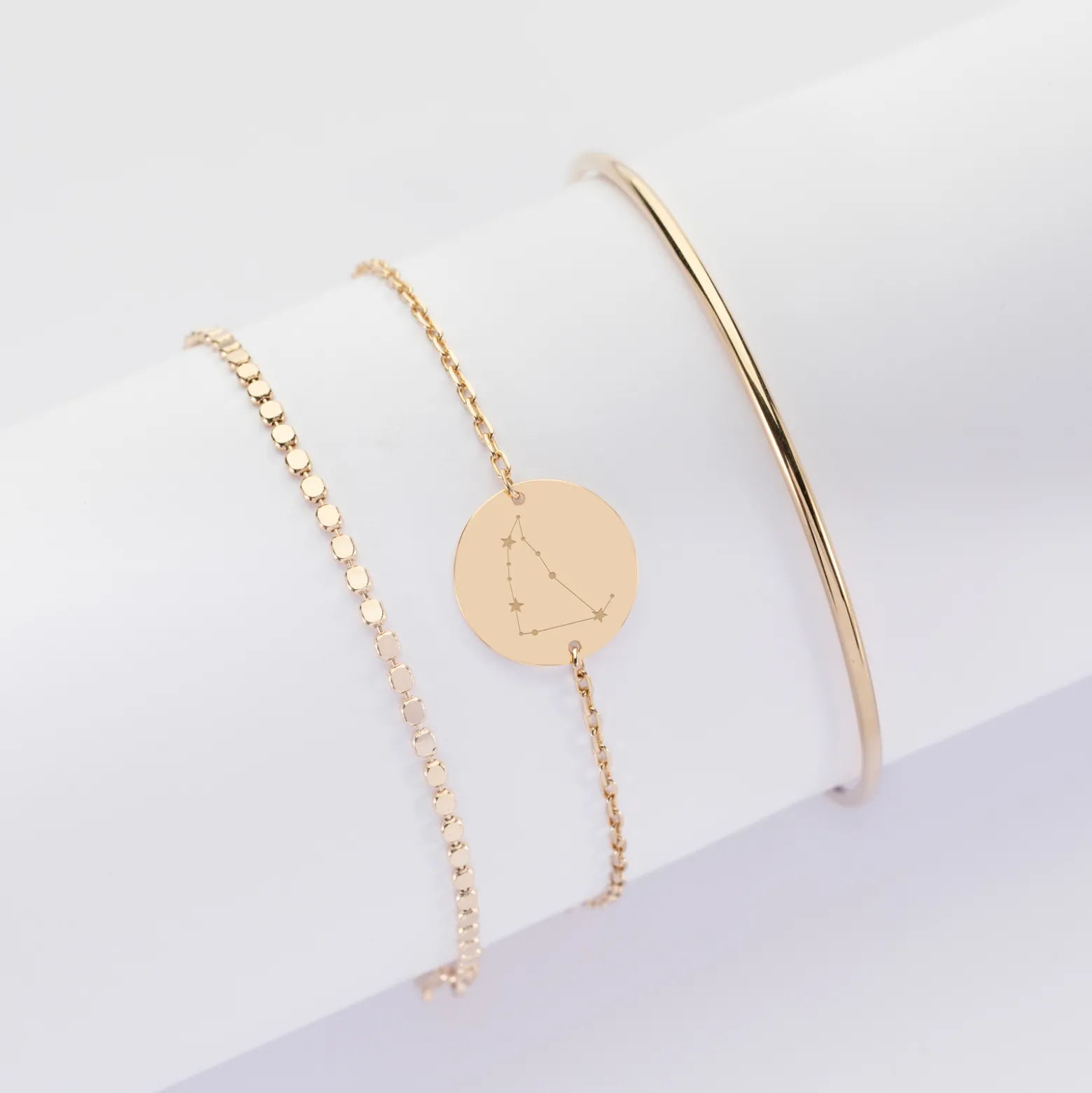 Trio bracelets personnalisés Jonc, Pastille et Chaine médaille gravée plaqué or 15 mm